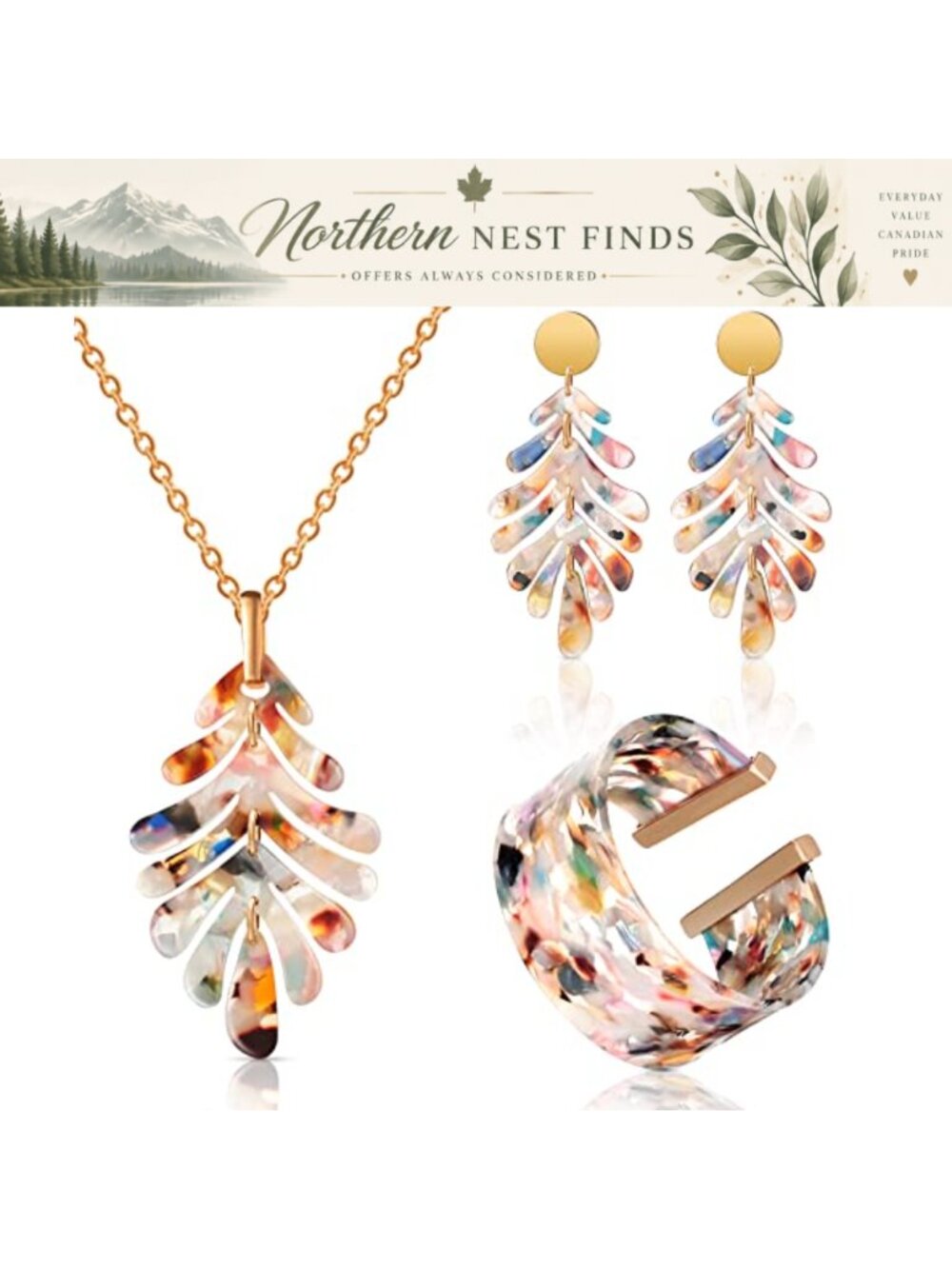 Acrylic Leaf Jewelry Set Earrings Necklace Bracelet Boho Statement